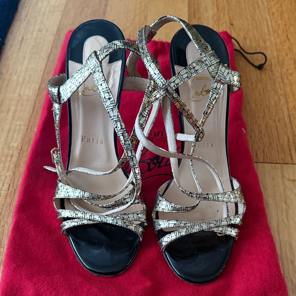 Christian Louboutin Black and Gold Strappy Heels size 37.5
